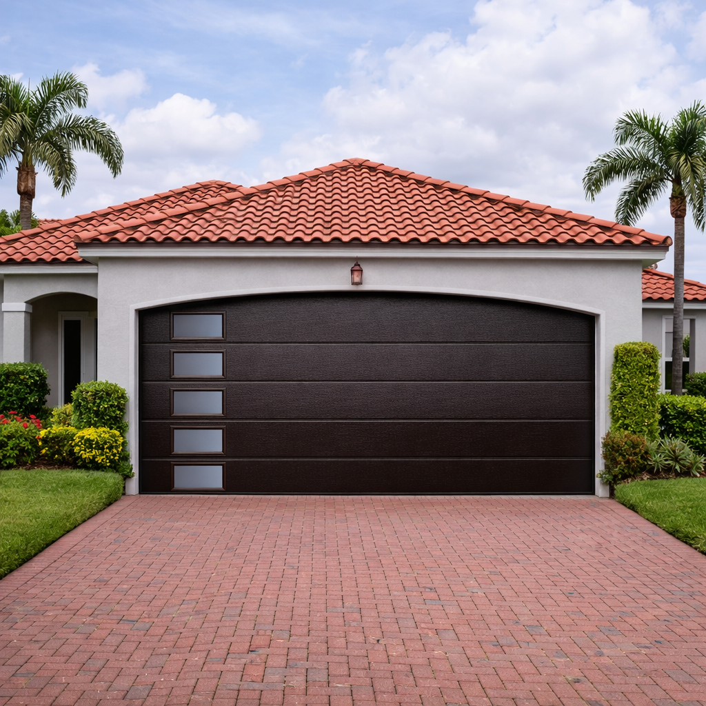 Puerta Seccional Residencial Chocolate Nuez con Ventanas